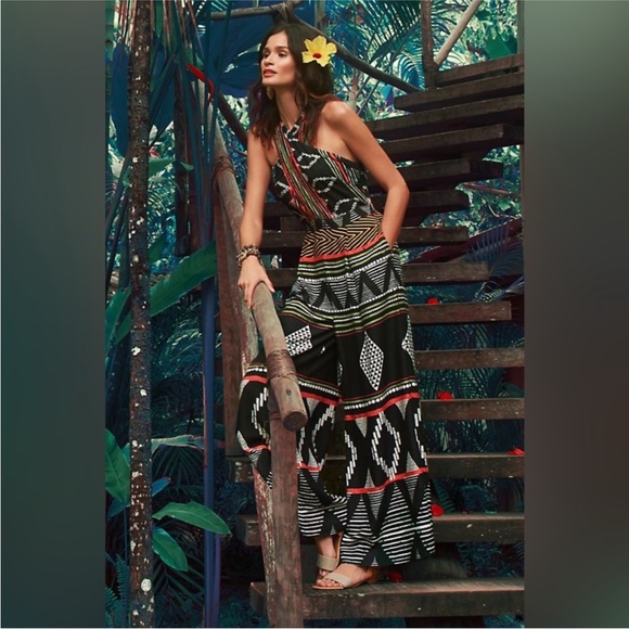 Anthropologie Elevenses Amapa Black Tribal Print Crossfront Wide Leg Jumpsuit 8 - Picture 3 of 16